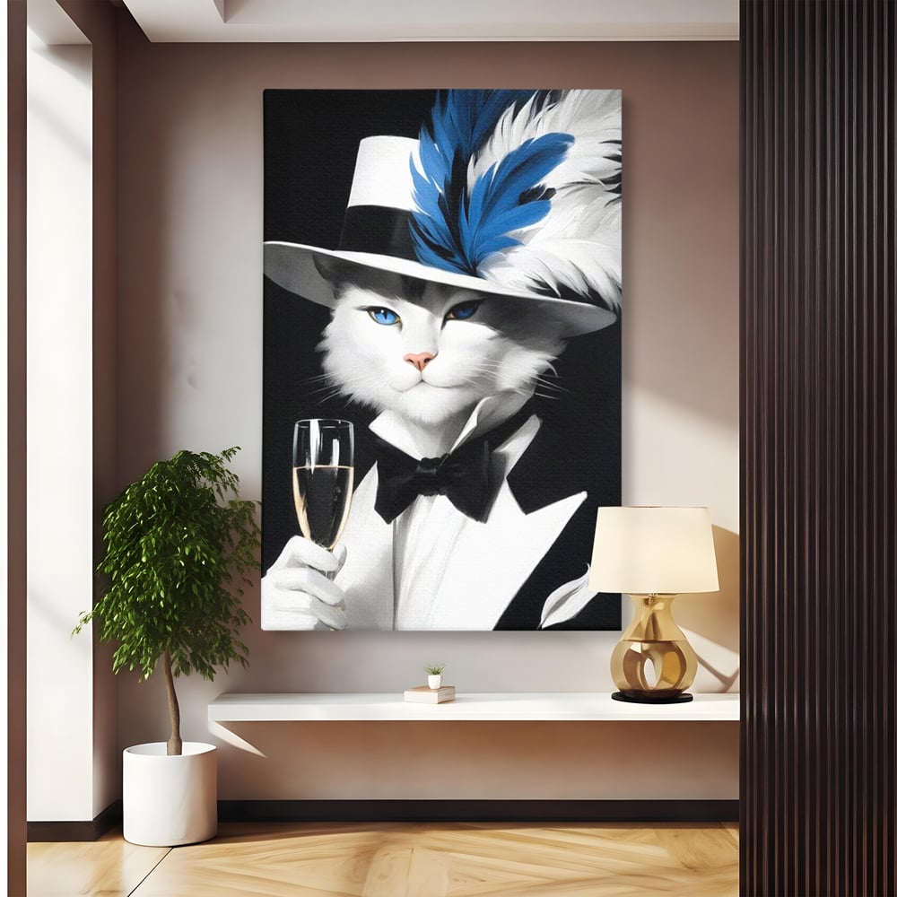 Tablou canvas cu tablou canvas cu pisica aristocrata in costum, fara rama, pe sasiu de lemn